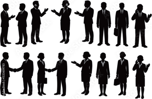 This image features black silhouette icons of businessmen and businesswomen in various professional poses, such as talking, shaking hands, and using a phone. It represents typical office or corporate 