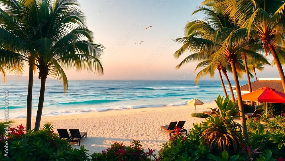 Fototapeta premium Tranquil sunrise on a tropical beach with palm trees