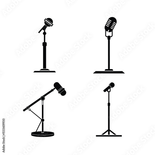 Microphone stand silhouette, Microphone set, audio equipment icon, music stage vector, sound gear illustration