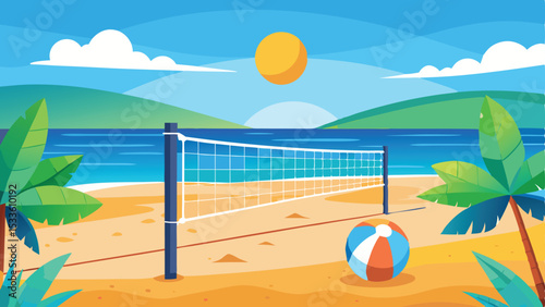 Beach volleyball scene with a ball net palm trees and sandy landscape in a tropical setting