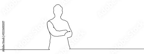 Continuous line, business person standing with arms crossed, executive Vector lines, cut background, editable strokes.