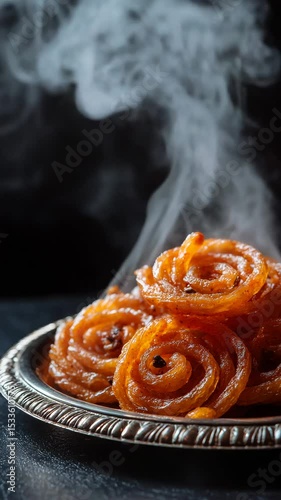 Close up of warm, golden brown jalebi pastries on a silver plate against a dark background, steam rising from the sweets.
