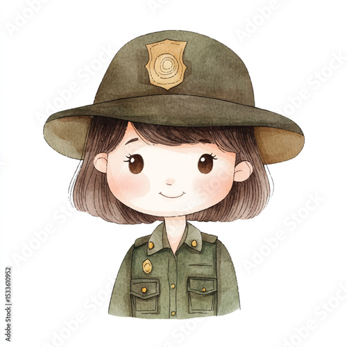 Adorable Watercolor Illustration of a Smiling Park Ranger with Uniform and Hat (1)