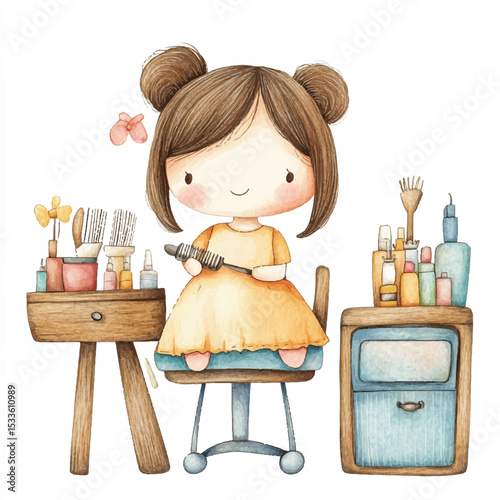 Adorable Watercolor Illustration of a Young Girl Combing Her Hair with Accessories