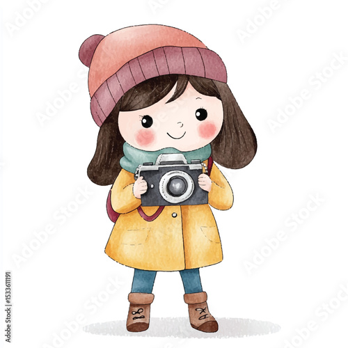 Adorable Young Photographer with Camera Winter Attire and Cheerful Expression