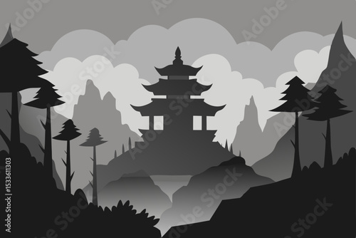 Serene Monochrome Landscape Misty Mountains and Ancient Pagoda Silhouette
