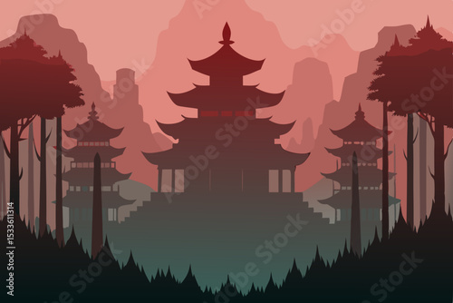 Serene Sunset Minimalist Asian Temple Landscape Illustration