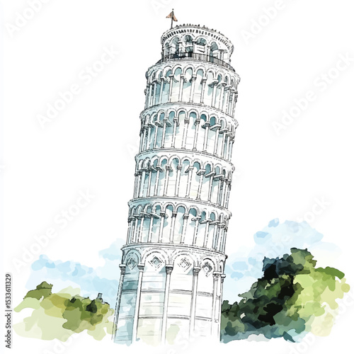Artistic Watercolor Illustration of the Leaning Tower of Pisa Italy