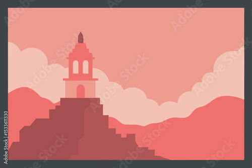 Serene Hilltop Temple Minimalist Landscape Illustration