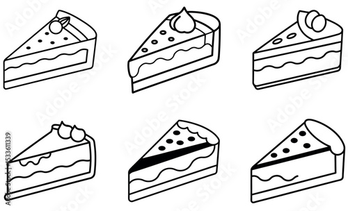 Line Art Illustration of Six Cake Slice Pieces with Varying Toppings and Decoration