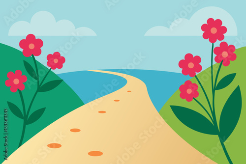 Footprints in the Sand A Serene Coastal Path Adorned with Blossoms