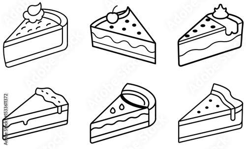 Line Art Illustration of Six Triangular Cake Slices with Various Toppings and Decoration