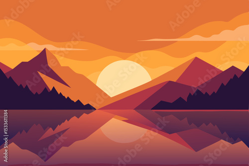 Majestic Sunset over Mountain Lake A Serene Landscape Illustration