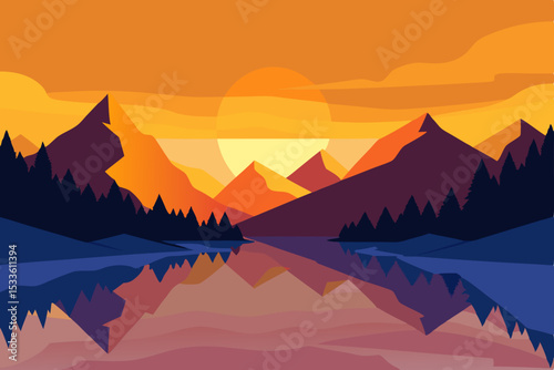 Serene Sunset Mountain Lake Reflection Landscape Illustration