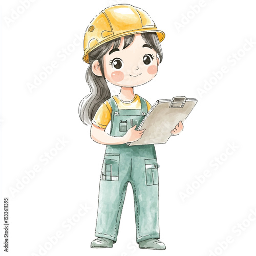 Cartoon female construction worker with yellow hardhat holding clipboard