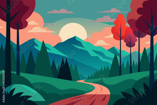 Serene Sunset Mountain Landscape A Winding Road Through Colorful Autumn Woods