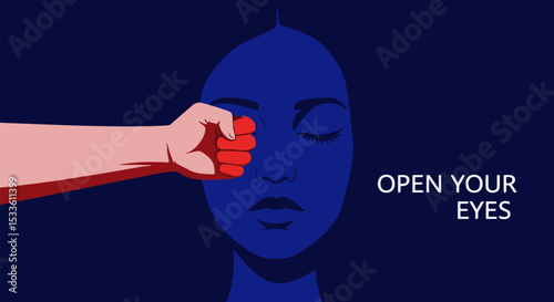 Illustration of a fist near a woman's closed eyes with strong colors, domestic violence   