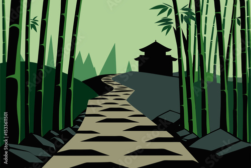 Serene Bamboo Forest Path Leading to a Tranquil Temple A Peaceful Asian Landscape Illustration