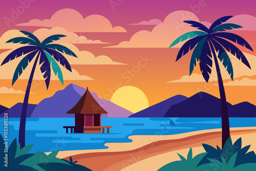 Serene Sunset Paradise Tropical Beach Hut Illustration