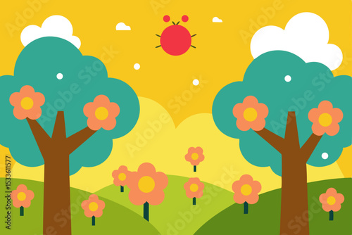 Vibrant Spring Landscape Blooming Flowers, Sunny Hills, and a Cheerful Ladybug