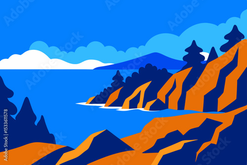 Coastal Serenity Vibrant Illustration of a Calm Ocean and Rocky Coastline