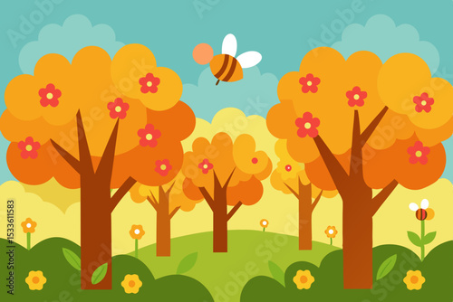 Autumnal Delight A Charming Illustration of Honeybee and Blossoming Trees