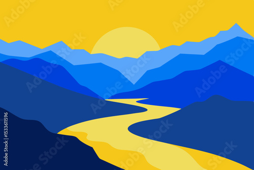 Serene Sunset A Minimalist Mountain River Landscape Illustration