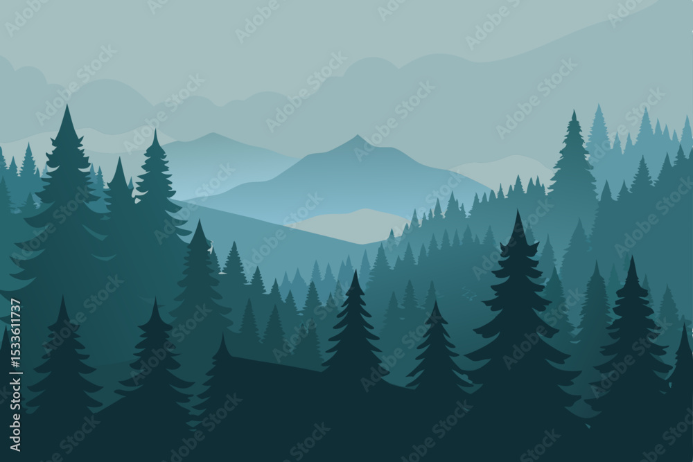 Fototapeta premium Serene Mountain Landscape Misty Peaks and Evergreen Forest Silhouette