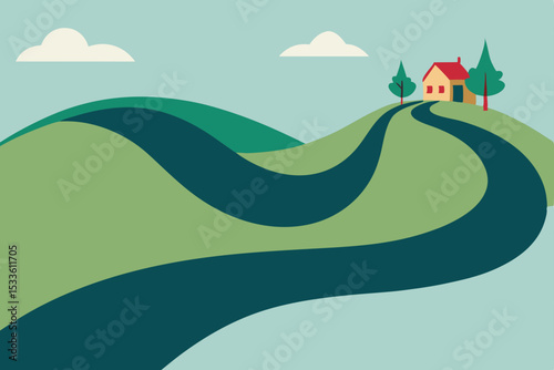 Winding Roads, Rolling Hills, and a Cozy House A Serene Countryside Illustration