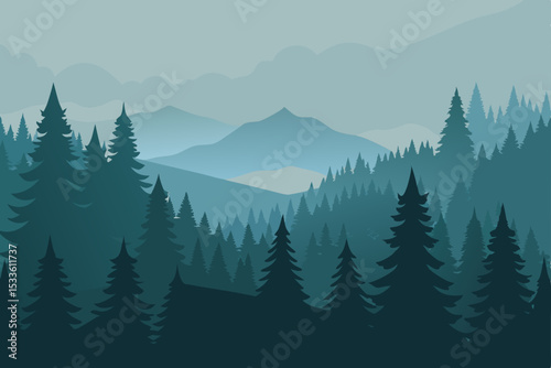 Serene Mountain Landscape Misty Peaks and Evergreen Forest Silhouette