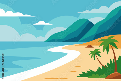 Serene Coastal Escape Tropical Beach and Mountain Vista Illustration