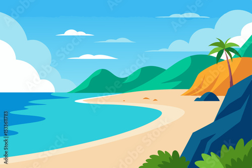 Serene Tropical Beach Scene Idyllic Coastal Paradise with Lush Greenery and Calm Ocean
