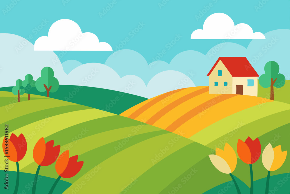 Fototapeta premium Serene Spring Countryside Landscape Rolling Hills, Farm House, and Blooming Tulips