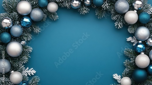 Festive blue and silver Christmas ornaments and pine branches frame a blank blue background.