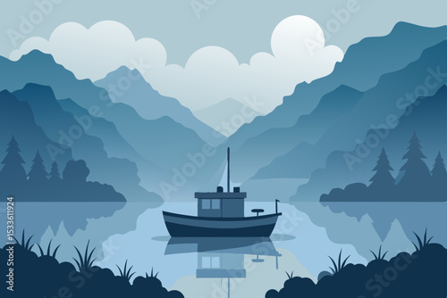Serene Mountain Lake Landscape A Tranquil Boat in a Misty Fjord
