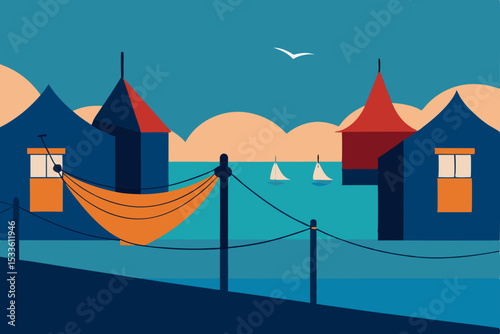 Coastal Village Serenity Hammock Relaxation by the Sea, Boats and Sunset