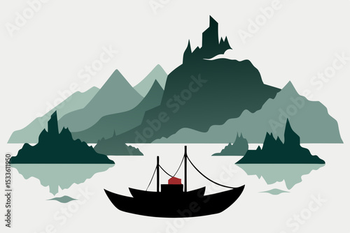 Serene Mountain Lake Landscape A Minimalist Boat Illustration