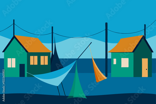 Coastal Village Serenity Hammocks, Houses, and Tranquil Blue Skies