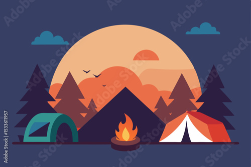 Serene Sunset Camping Nighttime Wilderness Adventure Illustration