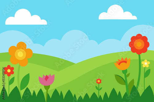 Vibrant Spring Meadow Colorful Flowers Blooming under a Sunny Sky
