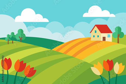Serene Spring Countryside Landscape Rolling Hills, Farm House, and Blooming Tulips