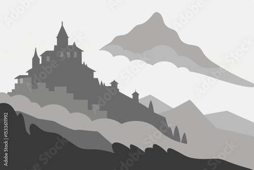 Misty Mountaintop Castle A Serene Landscape Illustration