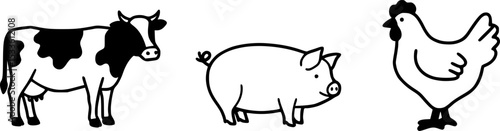 Farm animals graphic symbol. Cow, pig and chicken sign isolated on white background. Livestock symbol. Vector illustration
