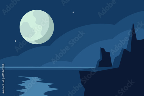 Serene Night Moonlit Coastal Cliffs and Tranquil Ocean