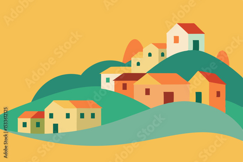 Charming Hilltop Village A Colorful Illustration of Houses on Rolling Hills