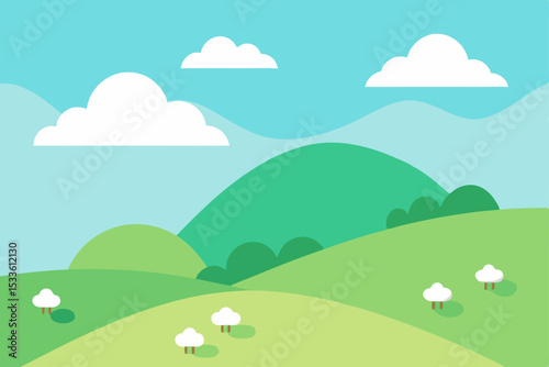 Serene Rolling Hills Landscape A Picturesque Green Meadow Under a Sunny Sky