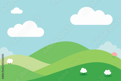 Serene Rolling Hills Landscape A Picturesque Pastoral Scene of Green Meadows and Fluffy Clouds