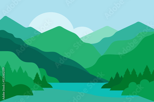 Serene Mountain Landscape A Breathtaking Vista of Green Peaks and Tranquil Waters