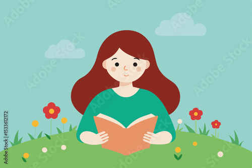 Peaceful Spring Reading Woman Enjoying a Book in a Flowery Meadow