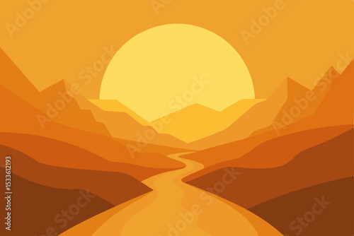 Serene Sunset Landscape Golden Hour River Valley Illustration